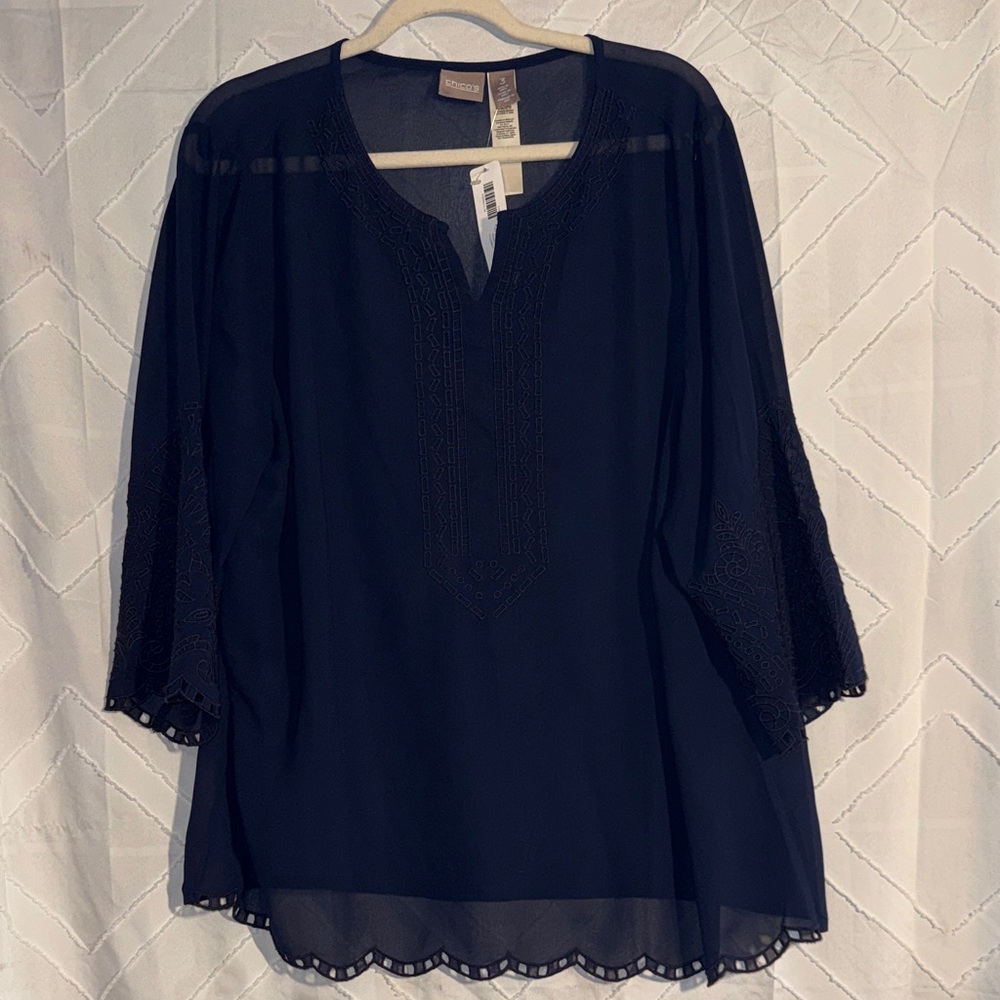 Chico's Navy Sheer Blouse NWT size 3
